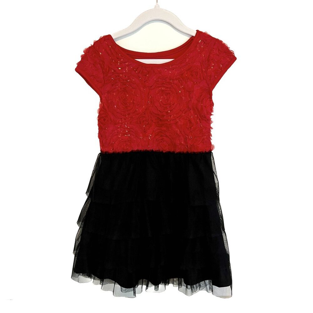 Red and Black Sparkly Rose Rosette Tule Ruffles Special Occasion Dress Size 6X